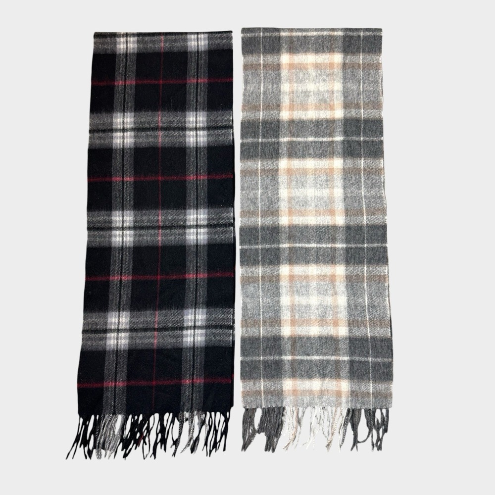 SET OF 2 Joseph & Feiss 100% Wool Plaid Scarf 65"x11.5" Black Gray Beige Fringe